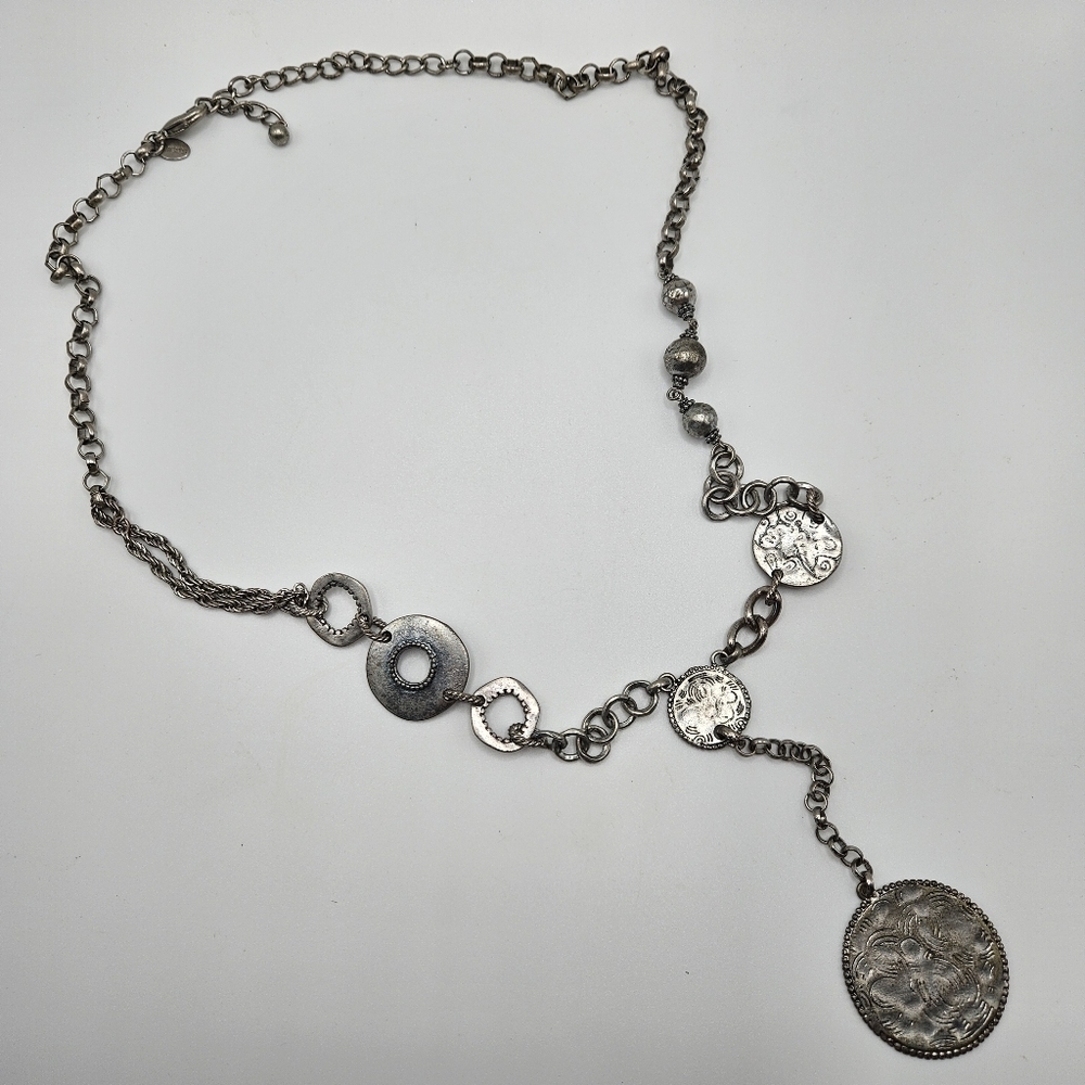 Chico's Silver Tone Metal Medallion Y-Drop Front Necklace